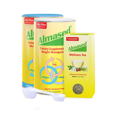 almased pack containing 2 cans of protein and a box of tea