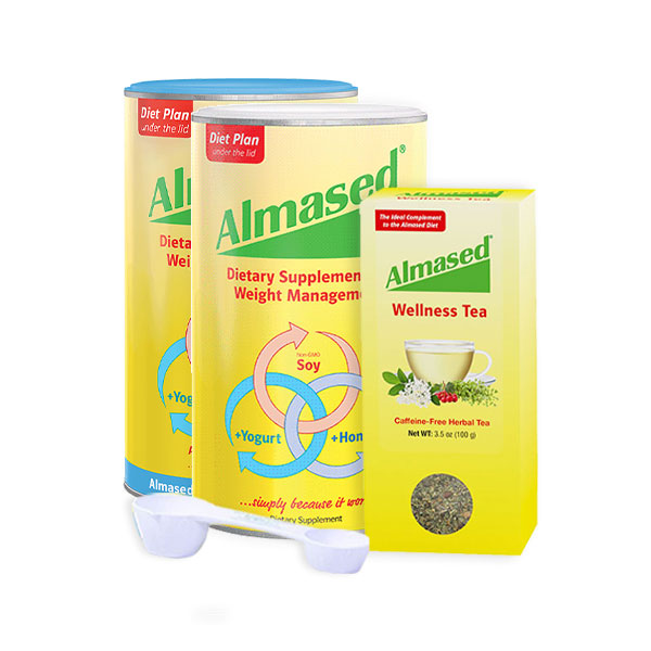 almased pack containing 2 cans of protein and a box of tea
